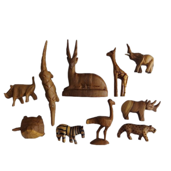 10 Piece Lot African Kenyan Small Wooden Hand Carved Safari Animals Vintage Cute - Picture 2 of 8